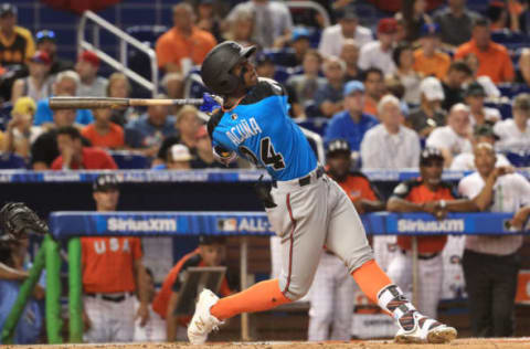 MIAMI, FL – JULY 09: Ronald Acuna #24 of the Atlanta Braves and the World Team swings at a pitch against the U.S. Team during the SiriusXM All-Star Futures Game at Marlins Park on July 9, 2017 in Miami, Florida. (Photo by Mike Ehrmann/Getty Images)