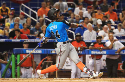 MIAMI, FL – JULY 09: Ronald Acuna #24 of the Atlanta Braves and the World Team swings at a pitch against the U.S. Team during the SiriusXM All-Star Futures Game at Marlins Park on July 9, 2017 in Miami, Florida. (Photo by Mike Ehrmann/Getty Images)