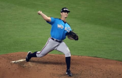 MIAMI, FL – JULY 09: Mike Soroka #45 of the Atlanta Braves and the World Team delivers the pitch against the U.S. Team during the SiriusXM All-Star Futures Game at Marlins Park on July 9, 2017 in Miami, Florida. (Photo by Rob Carr/Getty Images)