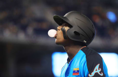 MIAMI, FL – JULY 09: Ronald Acuna #24 of the Atlanta Braves and the World Team looks on against the U.S. Team during the SiriusXM All-Star Futures Game at Marlins Park on July 9, 2017 in Miami, Florida. (Photo by Mike Ehrmann/Getty Images)