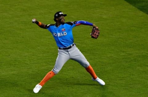 MIAMI, FL – JULY 09: Ronald Acuna #24 of the Atlanta Braves and the World Team fields the ball against the U.S. Team during the SiriusXM All-Star Futures Game at Marlins Park on July 9, 2017 in Miami, Florida. (Photo by Mark Brown/Getty Images)