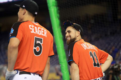 MIAMI, FL – JULY 11: Ender Inciarte #11 of the Atlanta Braves and the National League reacts during batting practice for the 88th MLB All-Star Game at Marlins Park on July 11, 2017 in Miami, Florida. (Photo by Mike Ehrmann/Getty Images)