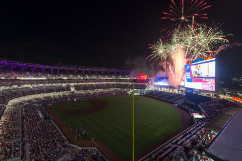 Fireworks after the game at SunTrust Park, Atlanta Braves. (Photo by Patrick Duffy/Beam Imagination/Atlanta Braves/Getty Images) *** Local Caption ***