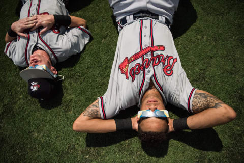 Members of the Rome Braves watch the solar eclipse on August 21, 2017. (Photo by Sean Rayford/Getty Images)