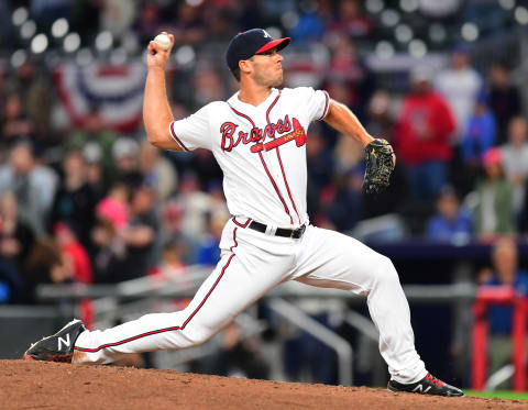 ATLANTA, GA – MARCH 31: Josh Ravvin #71 of the Atlanta Braves throws an ninth inning inning pitch against the Philadelphia Phillies at SunTrust Park on March 31, 2018 in Atlanta, Georgia. (Photo by Scott Cunningham/Getty Images)