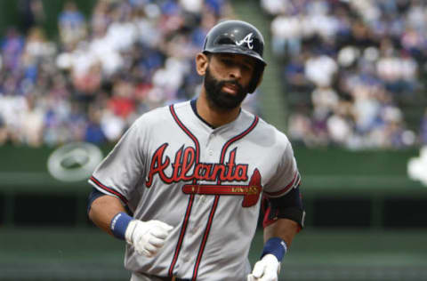 CHICAGO, IL – MAY 14: Jose Bautista #23 of the Atlanta Braves runs the bases after hitting a three-run homer against the Chicago Cubs during the fifth inning while wearing the #42 to commemorate Jackie Robinson Day on May 14, 2018 at Wrigley Field in Chicago, Illinois. (Photo by David Banks/Getty Images)