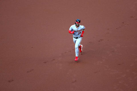 BALTIMORE, MD – MAY 29: Bryce Harper #34 of the Washington Nationals rounds the bases after hitting a solo home run against the Baltimore Orioles in the first inning at Oriole Park at Camden Yards on May 29, 2018 in Baltimore, Maryland. (Photo by Rob Carr/Getty Images)