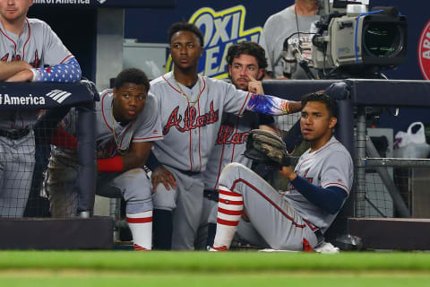 NEW YORK, NY – JULY 02: The look on the Atlanta Braves faces when Duvall is about to pop one (Photo by Mike Stobe/Getty Images)