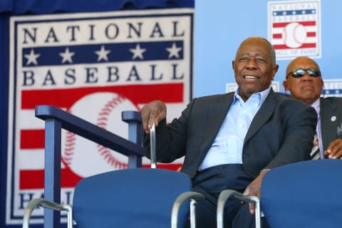 Atlanta Braves legend Hank Aaron at the Baseball Hall of Fame induction ceremony in Cooperstown, New York. (Photo by Mike Stobe/Getty Images)