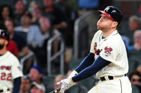 ATLANTA, GA – AUGUST 5: Freddie Freeman #5 of the Atlanta Braves hits a seventh inning three-run home run against the Miami Marlins at SunTrust Park on August 5, 2017 in Atlanta, Georgia. (Photo by Scott Cunningham/Getty Images)