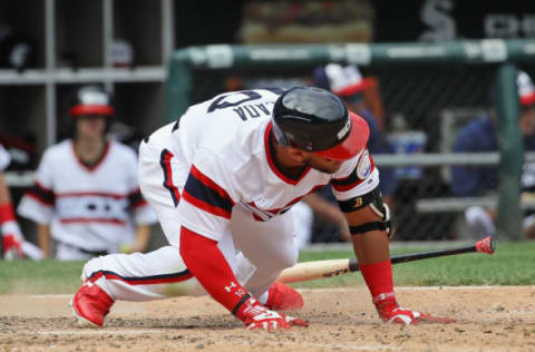 CHICAGO, IL – AUGUST 13: Yoan Moncada #10 of the Chicago White Sox stumbles after hitting the ball against the Kansas City Royals in the 8th inning at Guaranteed Rate Field on August 13, 2017 in Chicago, Illinois. The Royals defeated the White Sox 14-6. (Photo by Jonathan Daniel/Getty Images)