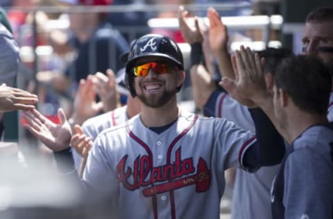 PHILADELPHIA, PA – AUGUST 30: Ender Inciarte #11 of the Atlanta Braves high fives his teammates after scoring a run in the top of the first inning against the Philadelphia Phillies in game one of the doubleheader at Citizens Bank Park on August 30, 2017 in Philadelphia, Pennsylvania. (Photo by Mitchell Leff/Getty Images)