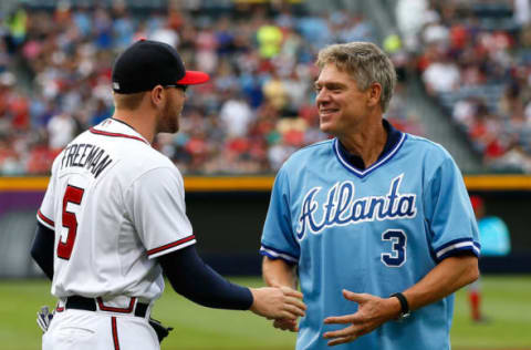 ATLANTA, GA – JULY 11: Former Atlanta Brave Dale Murphy and Freddie Freeman #5 of the Atlanta Braves after throwing out the ceremonial first pitch prior to the game against the Cincinnati Reds at Turner Field on July 11, 2013 in Atlanta, Georgia. (Photo by Kevin C. Cox/Getty Images)