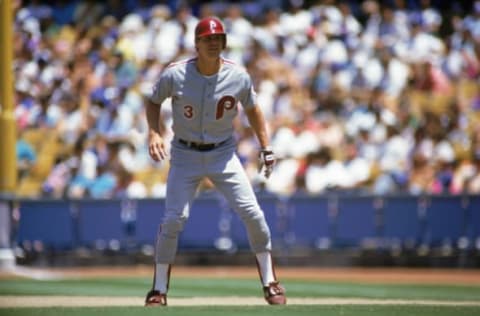 LOS ANGELES – MAY 1991: Dale Murphy #3 of the Philadelphia Phillies leads off base during a game against the Los Angeles Dodgers in May 1991 at Dodger Stadium in Los Angeles, California. (Photo by Stephen Dunn/Getty Images)