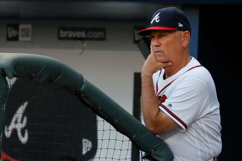 ATLANTA, GA – JUNE 16: Brian Snitker #43 of the Atlanta Braves looks on during the first inning against the Miami Marlins at SunTrust Park on June 16, 2017 in Atlanta, Georgia. (Photo by Kevin C. Cox/Getty Images)