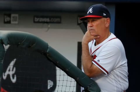 ATLANTA, GA – JUNE 16: Brian Snitker #43 of the Atlanta Braves looks on during the first inning against the Miami Marlins at SunTrust Park on June 16, 2017 in Atlanta, Georgia. (Photo by Kevin C. Cox/Getty Images)