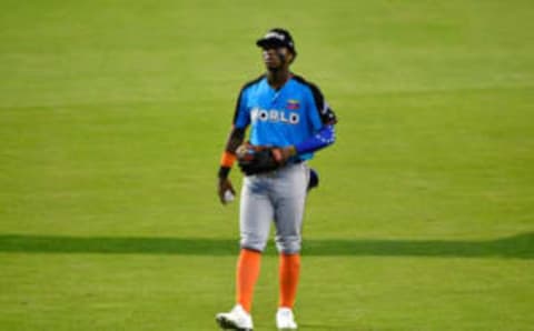 MIAMI, FL – JULY 09: Ronald Acuna #24 of the Atlanta Braves and the World Team warms up prior to the SiriusXM All-Star Futures Game at Marlins Park on July 9, 2017. (Photo by Mark Brown/Getty Images)