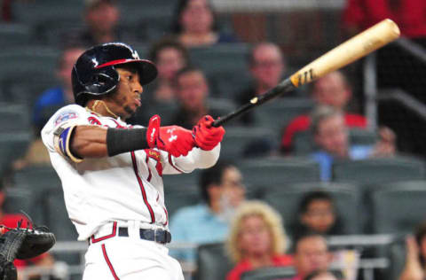 ATLANTA, GA – SEPTEMBER 22: Ozzie Albies #1 of the Atlanta Braves knocks in a run with a first inning single against the Philadelphia Phillies at SunTrust Park on September 22, 2017 in Atlanta, Georgia. (Photo by Scott Cunningham/Getty Images)