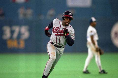 TORONTO - OCTOBER 22: Deion Sanders #24 of the Atlanta Braves runs the bases during Game five of the 1992 World Series against the Toronto Blue Jays at Skydome on October 22, 1992 in Toronto, Ontario, Canada. The Braves defeated the Blue Jays 7-2. (Photo by Rick Stewart/Getty Images)