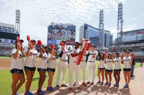 ATLANTA, GA – SEPTEMBER 24: Julio Teheran #49 of the Atlanta Braves does the tomahawk chop in the first inning of an MLB game against the Philadelphia Phillies at SunTrust Park on September 24, 2017 in Atlanta, Georgia. (Photo by Todd Kirkland/Getty Images)