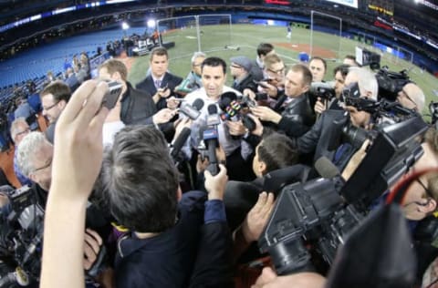 TORONTO, CANADA – APRIL 4: General manager Alex Anthopoulos of the Toronto Blue Jays talks to media befoe MLB game action against the New York Yankees on April 4, 2014 at Rogers Centre in Toronto, Ontario, Canada. (Photo by Tom Szczerbowski/Getty Images)