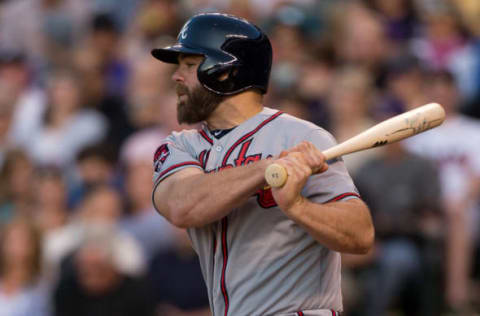 DENVER, CO – JUNE 9: Evan Gattis #24 of the Atlanta Braves watches his RBI fielder’s choice during the fourth inning against the Colorado Rockies at Coors Field on June 9, 2014 in Denver, Colorado. (Photo by Justin Edmonds/Getty Images)