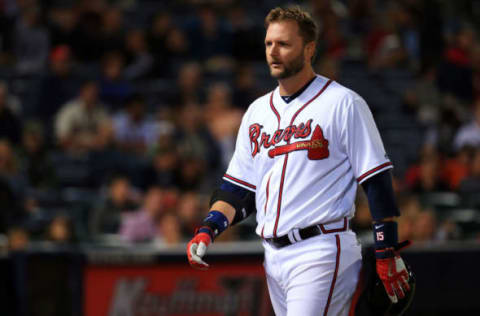 ATLANTA, GA – MAY 06: A.J. Pierzynski #15 of the Atlanta Braves walks off the field after being thrown out in the fourth inning against the Arizona Diamondbacks at Turner Field on May 6, 2016 in Atlanta, Georgia. (Photo by Daniel Shirey/Getty Images)