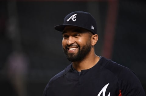 PHOENIX, AZ – JULY 25: Matt Kemp #27 of the Atlanta Braves prepares for a game against the Arizona Diamondbacks at Chase Field on July 25, 2017 in Phoenix, Arizona. (Photo by Norm Hall/Getty Images)