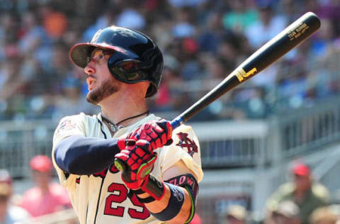 ATLANTA, GA – AUGUST 20: Tyler Flowers #25 of the Atlanta Braves hits a fifth inning grand slam against the Cincinnati Reds at SunTrust Park on August 20, 2017 in Atlanta, Georgia. (Photo by Scott Cunningham/Getty Images)