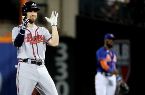 NEW YORK, NY – SEPTEMBER 26: Ender Inciarte #11 of the Atlanta Braves reacts after hitting a lead off double against the New York Mets on September 26, 2017 at Citi Field in Flushing neighborhood of the Queens borough of New York City. (Photo by Abbie Parr/Getty Images)