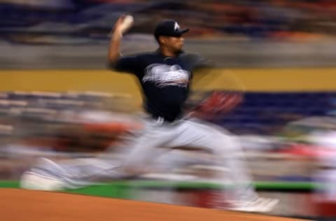 MIAMI, FL – SEPTEMBER 28: Julio Teheran #49 of the Atlanta Braves pitches during a game against the Miami Marlins at Marlins Park on September 28, 2017 in Miami, Florida. (Photo by Mike Ehrmann/Getty Images)