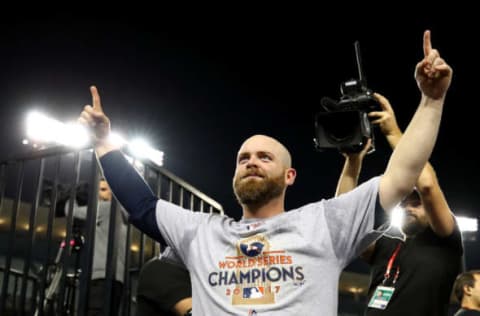 LOS ANGELES, CA – NOVEMBER 01: Brian McCann #16 of the Houston Astros celebrates after defeating the Los Angeles Dodgers 5-1 in game seven to win the 2017 World Series at Dodger Stadium on November 1, 2017 in Los Angeles, California. (Photo by Ezra Shaw/Getty Images)