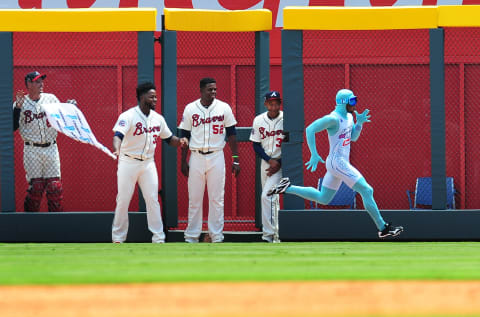 ATLANTA, GA – JUNE 25: Members of the Atlanta Braves bullpen cheer on mascot The Flash between innings of the game against the Milwaukee Brewers at SunTrust Park on June 25, 2017 in Atlanta, Georgia. (Photo by Scott Cunningham/Getty Images)