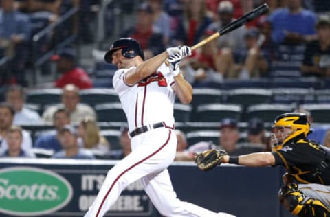 ATLANTA, GA – AUGUST 04: Pinch hitter Jeff Francoeur #18 of the Atlanta Braves hits an RBI single in the seventh inning during the game against the Pittsburgh Pirates at Turner Field on August 4, 2016 in Atlanta, Georgia. (Photo by Mike Zarrilli/Getty Images)