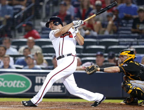 ATLANTA, GA – AUGUST 04: Pinch hitter Jeff  Francoeur #18 of the Atlanta Braves hits an RBI single in the seventh inning during the game against the Pittsburgh Pirates at Turner Field on August 4, 2016 in Atlanta, Georgia. (Photo by Mike Zarrilli/Getty Images)