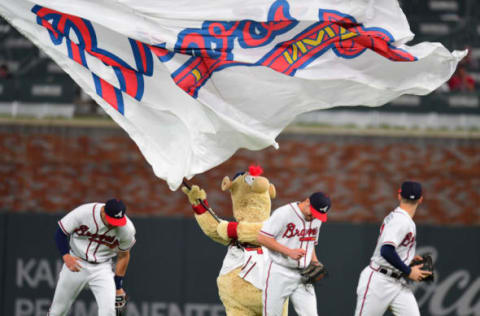 ATLANTA, GA – MARCH 31: Atlanta Braves mascot Blooper celebrates after the game against the Philadelphia Phillies at SunTrust Park on March 31, 2018 in Atlanta, Georgia. (Photo by Scott Cunningham/Getty Images)