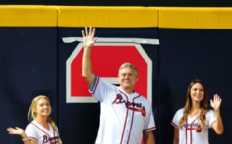 ATLANTA, GA – SEPTEMBER 30: Former Atlanta Braves player Dale Murphy acknowledges the crowd after being introduced to remove the number three for the games remaining at Turner Field in the game against the Detroit Tigers at Turner Field on September 30, 2016 in Atlanta, Georgia. (Photo by Scott Cunningham/Getty Images)