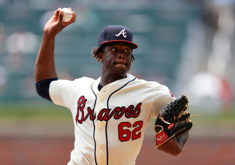 ATLANTA, GA – AUGUST 13: Touki  Toussaint #62 of the Atlanta Braves pitches in the first inning of his MLB debut during game one of a doubleheader against the Miami Marlins at SunTrust Park on August 13, 2018 in Atlanta, Georgia. (Photo by Kevin C. Cox/Getty Images)