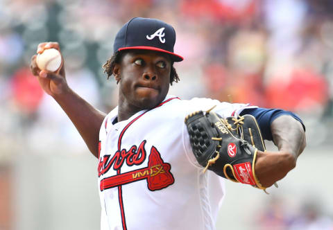 ATLANTA, GA – SEPTEMBER 3: Touki Toussaint #62 of the Atlanta Braves throws a first inning pitch against the Boston Red Sox at SunTrust Park on September 3, 2018 in Atlanta, Georgia. (Photo by Scott Cunningham/Getty Images)