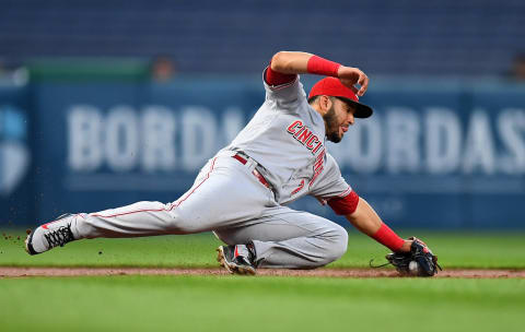 PITTSBURGH, PA – SEPTEMBER 04: Eugenio Suarez #7 of the Cincinnati Reds makes a diving catch on a ball hit by Jordan Luplow #47 of the Pittsburgh Pirates (not pictured) during the second inning at PNC Park on September 4, 2018 in Pittsburgh, Pennsylvania. (Photo by Joe Sargent/Getty Images)