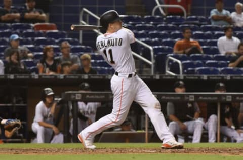 MIAMI, FL – SEPTEMBER 4: J.T. Realmuto #11 of the Miami Marlins hits a home run in the eighth inning against the Philadelphia Phillies at Marlins Park on September 4, 2018 in Miami, Florida. (Photo by Eric Espada/Getty Images)