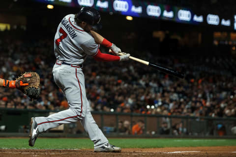 SAN FRANCISCO, CA – SEPTEMBER 10: Dansby Swanson #7 of the Atlanta Braves hits an RBI sacrifice fly ball San Francisco Giants during the seventh inning at AT&T Park on September 10, 2018 in San Francisco, California. The Atlanta Braves defeated the San Francisco Giants 4-1. (Photo by Jason O. Watson/Getty Images)