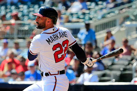 ATLANTA, GA – SEPTEMBER 19: Nick Markakis #22 of the Atlanta Braves drives in a run during the seventh inning against the St. Louis Cardinals at SunTrust Park on September 19, 2018 in Atlanta, Georgia. (Photo by Daniel Shirey/Getty Images)