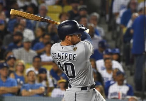 The answer to the Atlanta Braves outfield and lineup needs might be Hunter Renfroe, seen here hitting a two-run home run in the fourth inning of the game against the Los Angeles Dodgers at Dodger Stadium on September 2, 2018, in Los Angeles, California. (Photo by Jayne Kamin-Oncea/Getty Images)