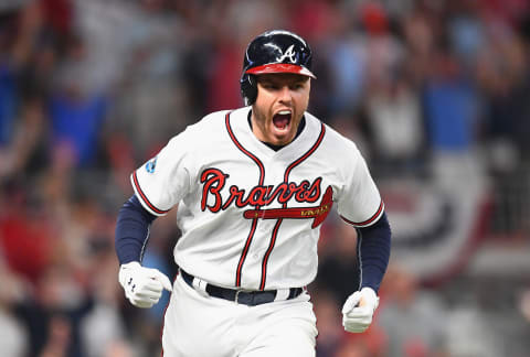 ATLANTA, GA – OCTOBER 07: Freddie  Freeman #5 of the Atlanta Braves reacts after hitting a solo home run in the sixth inning against the Los Angeles Dodgers during Game Three of the National League Division Series at SunTrust Park on October 7, 2018 in Atlanta, Georgia. (Photo by Scott Cunningham/Getty Images)