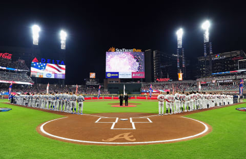 ATLANTA, GA – OCTOBER 07: A general view during the national anthem before Game Three of the National League Division Series between the Los Angeles Dodgers and the Atlanta Braves at SunTrust Park on October 7, 2018 in Atlanta, Georgia. (Photo by Scott Cunningham/Getty Images)