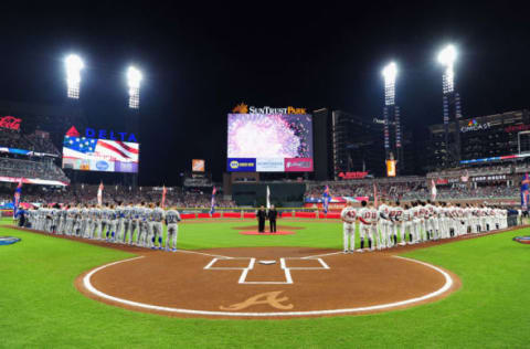 ATLANTA, GA – OCTOBER 07: A general view during the national anthem before Game Three of the National League Division Series between the Los Angeles Dodgers and the Atlanta Braves at SunTrust Park on October 7, 2018 in Atlanta, Georgia. (Photo by Scott Cunningham/Getty Images)