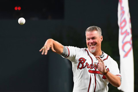 ATLANTA, GA – OCTOBER 07: Atlanta Braves hall of famer Chipper Jones throws out the ceremonial first pitch before Game Three of the National League Division Series between the Los Angeles Dodgers and the Atlanta Braves at SunTrust Park on October 7, 2018 in Atlanta, Georgia. (Photo by Scott Cunningham/Getty Images)