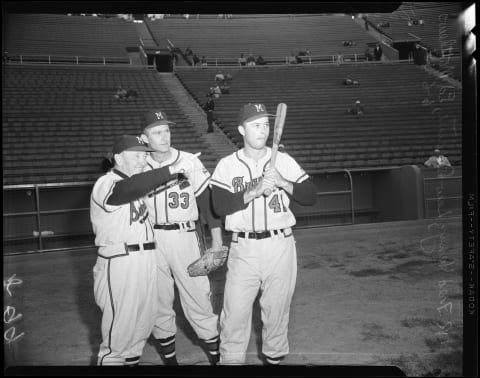 Milwaukee Braves Skipper Fred Haney. receiving an award for his charitable work. (Photo by Los Angeles Examiner/USC Libraries/Corbis via Getty Images)