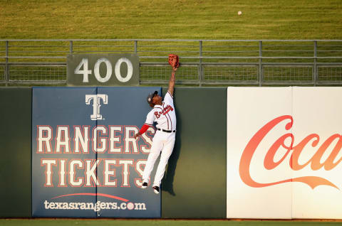 SURPRISE, AZ – NOVEMBER 03: AFL West All-Star, Cristian Pache #16 of the Atlanta Braves attempts to catch a home run ball hit by Peter Alonso (not pictured) of the New York Mets during the third inning of the Arizona Fall League All Star Game at Surprise Stadium on November 3, 2018 in Surprise, Arizona. (Photo by Christian Petersen/Getty Images)